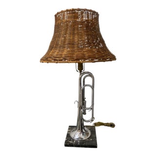 Vintage Silver Trumpet Lamp With Wicker Shade For Sale
