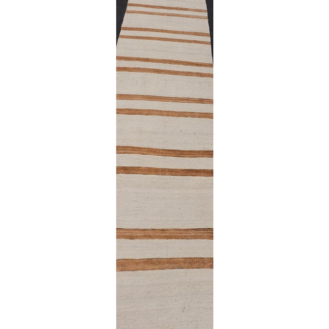 Vintage Turkish Kilim Runner With Horizontal Stripes in Ivory and Cognac For Sale - Image 9 of 12