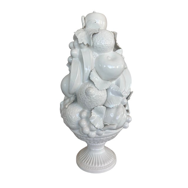 Large 16.5" Mid-Century Italian Blanc de Chine creamware glazed ceramic handmade fruit topiary in a pedestal basket....