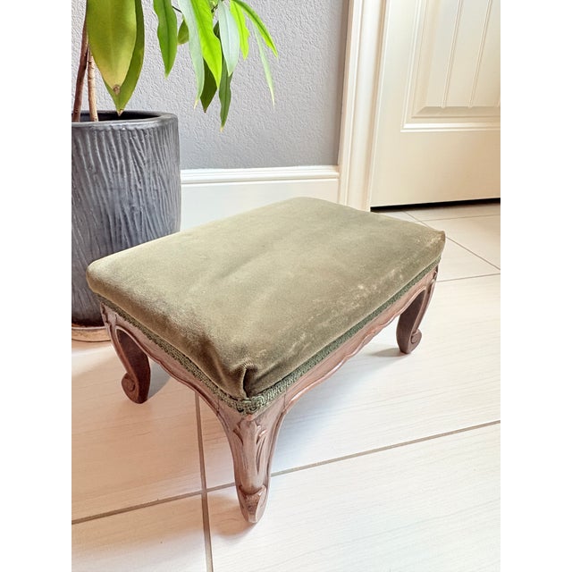 Wood Circa 1930 French Provincial Style Olive Velvet Footstool - Made in Belgium For Sale - Image 7 of 10