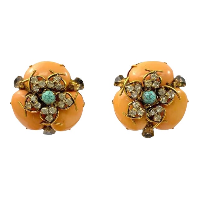 Early 21st Century Iradj Moini Earrings Coral Turquoise Strass Crystal Resin Cabochon Clip on - 2 Pieces For Sale In Los Angeles - Image 6 of 6