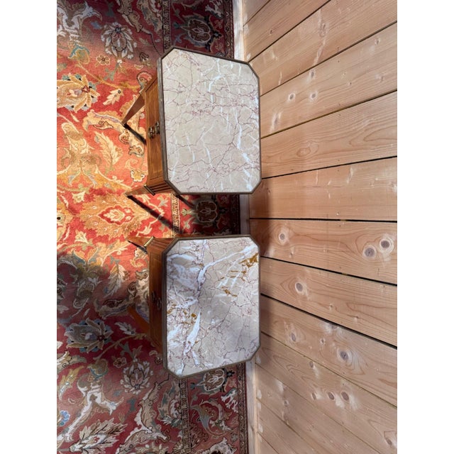 Louis XVI Bedside Tables in Marquetry and Marble by Maison Gouffé, 1950s, Set of 2 For Sale - Image 3 of 8
