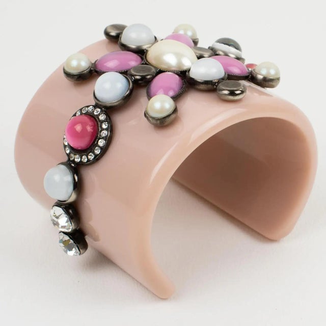 Emilio Pucci Emilio Pucci Italy Extra-Wide Pale Pink Resin Jeweled Cuff Bracelet For Sale - Image 4 of 11
