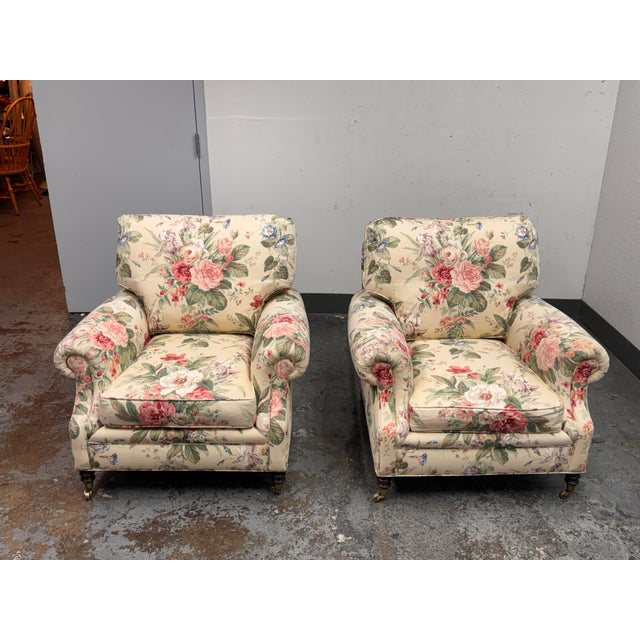Design Plus Gallery presents a Pair of Custom Design Lounge Chairs by unknown brand. Upholstered in a classic floral...