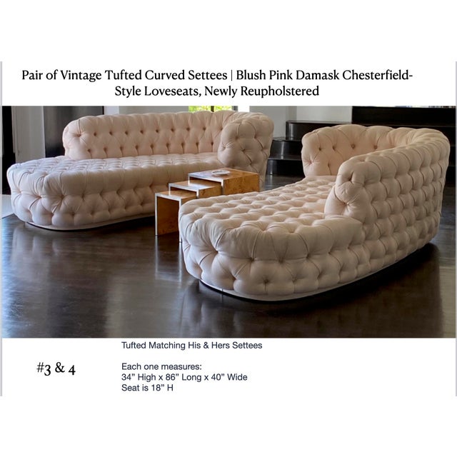 Mid-Century Modern Pair of Vintage Tufted Curved Settees | Blush Pink Damask Chesterfield-Style Loveseats, Newly Reupholstered For Sale - Image 3 of 4