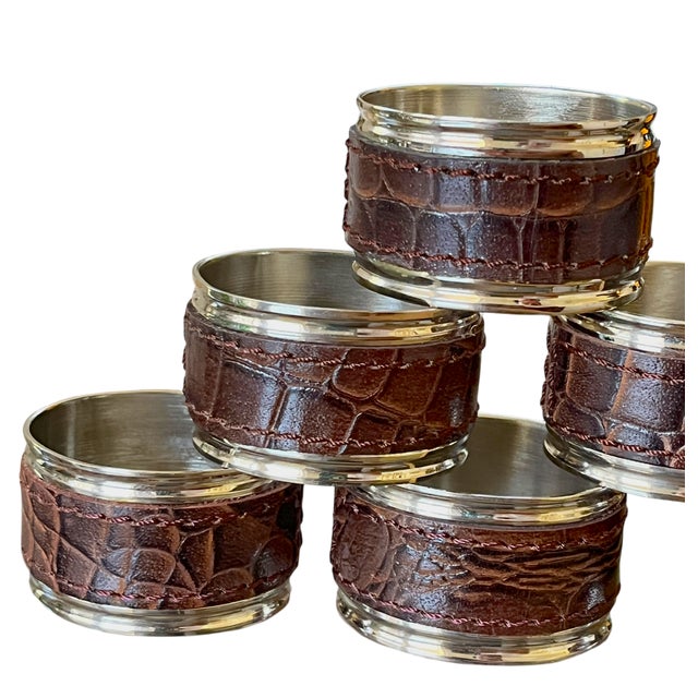 2010s Safari Brown Crocodile-Embossed Napkin Rings With Silver-Tone Trim After Ralph Lauren — New & Unused - Set of Eight For Sale - Image 5 of 9