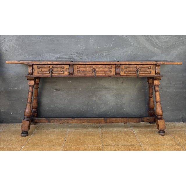 1920s Spanish Renaissance Revival Three-Drawer Console Table, 1920 For Sale - Image 5 of 18