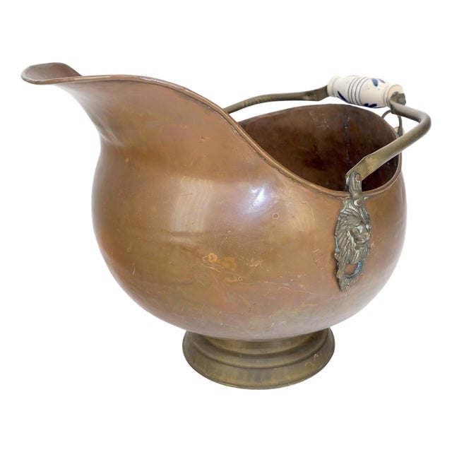 Large Made in Holland Antique Copper Coal Scuttle w/ Brass Ceramic Handle For Sale