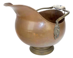 Large Made in Holland Antique Copper Coal Scuttle w/ Brass Ceramic Handle