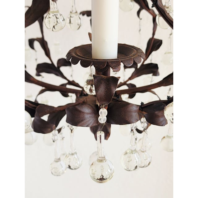 1950s French Style Wrought Iron & Tole Chandelier With Crystals For Sale In New York - Image 6 of 11