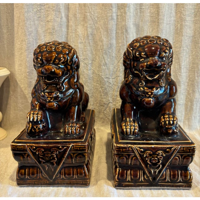 Early 20th Century Pair of Treacle Glaze Foo Dogs For Sale - Image 4 of 6