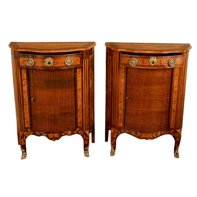 Pair Antique 18thC French Louis XV Inlaid Marquetry Ormolu Tambour Cabinets 1780 For Sale - Image 10 of 18