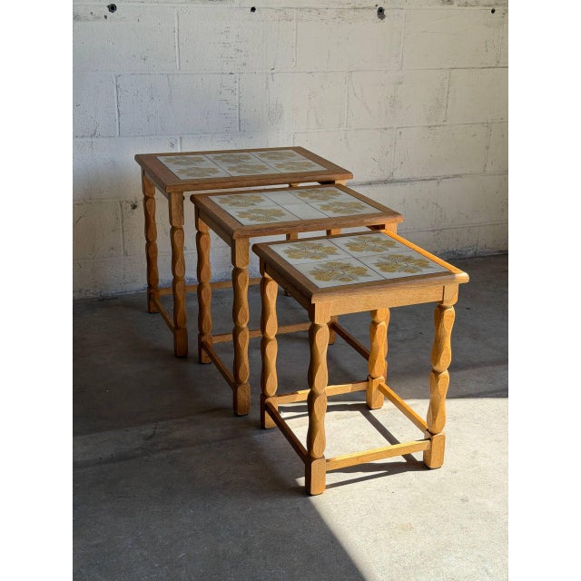 Mid-Century Modern Vintage Oak Tile Top Nesting Tables Set of 3 Denmark Mid-Century Modern 1970s For Sale - Image 3 of 9