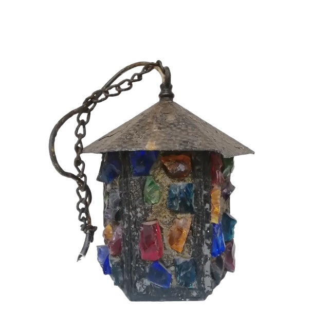 English Arts & Crafts Glass, Lead & Hammered Sheet Metal Porch Lantern by Peter Marsh, 1950s For Sale