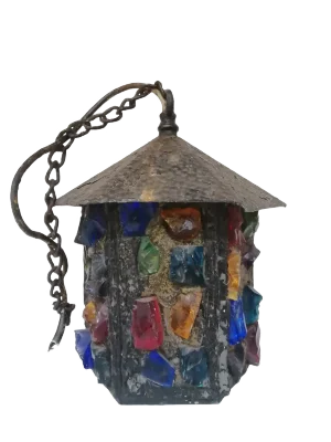 English Arts & Crafts Glass, Lead & Hammered Sheet Metal Porch Lantern by Peter Marsh, 1950s