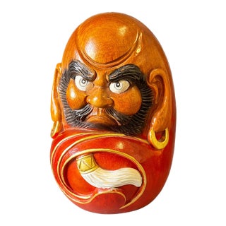Hand Carved Japanese Daruma Doll Wood 7” Bodhidharma Red Figure For Sale
