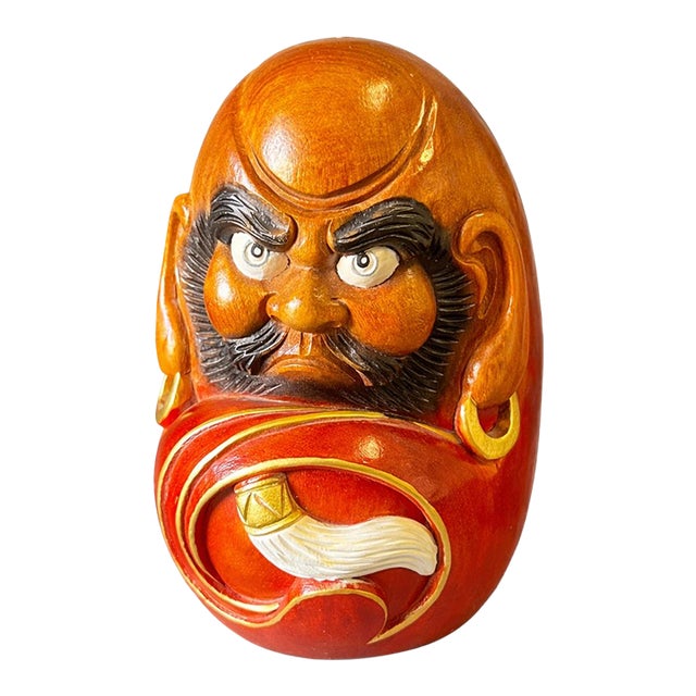 Hand Carved Japanese Daruma Doll Wood 7” Bodhidharma Red Figure For Sale