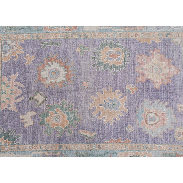 Turkish Oushak Rug Purple & Blue Floral Handwoven Wool Rug 4'11" X 6'10" For Sale - Image 4 of 9