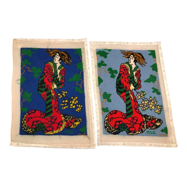 Hand-Stitched Needlepoint of Asian Ladies - a Pair For Sale
