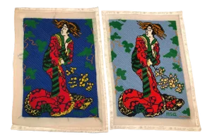 Hand-Stitched Needlepoint of Asian Ladies - a Pair