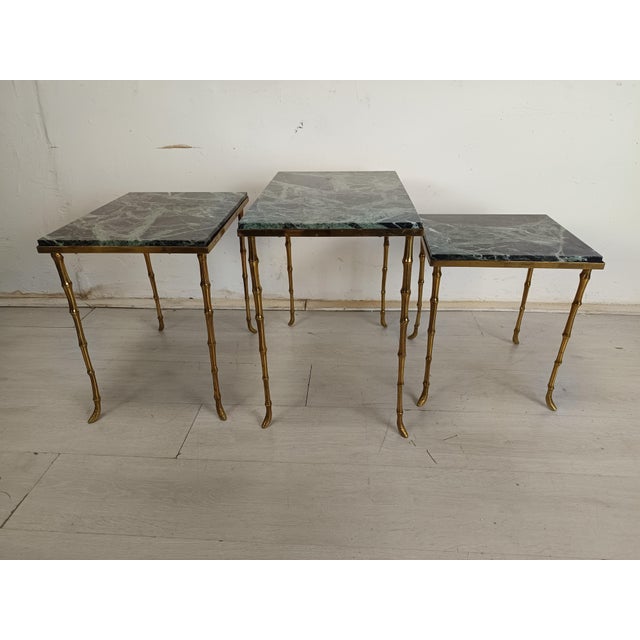 Nesting Tables in Bamboo, Bronze, and Marble from Maison Jansen, 1950s, Set of 3, in Very Good conditions. Designed 1950...