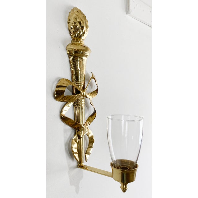 Hollywood Regency Large Vintage Brass Ribbon Torch Wall Candle Sconces, a Pair For Sale - Image 3 of 7