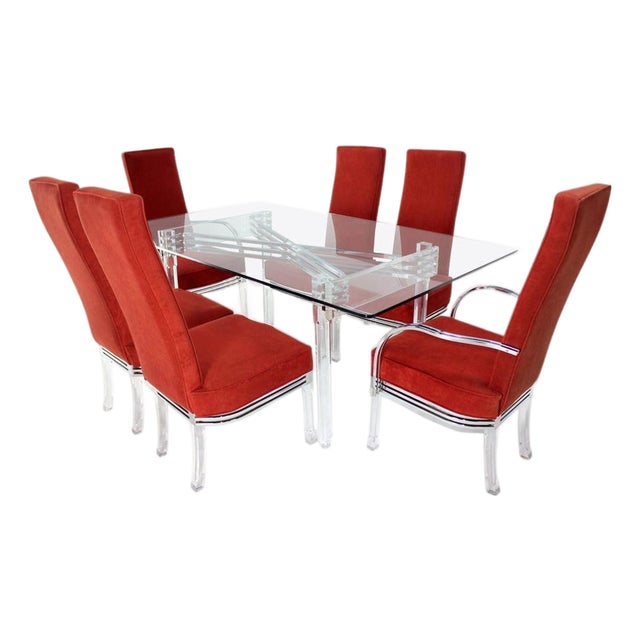 Mid Century Modern Set of Six Dining Chairs and Table in Lucite Chrome Glass For Sale