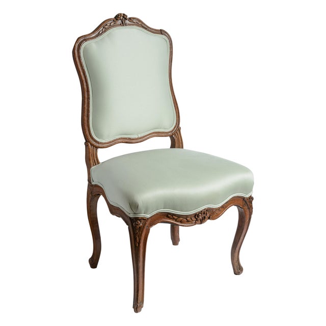 This wonderful Pair Of Early 19Th. C French Louis XV Style hand carved Bergère Chairs with a Green Satin upholstery. ....
