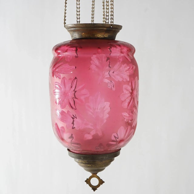 Antique Victorian Cut To Clear Cranberry Glass & Brass Hanging Hall Light Circa 1880 For Sale - Image 4 of 11