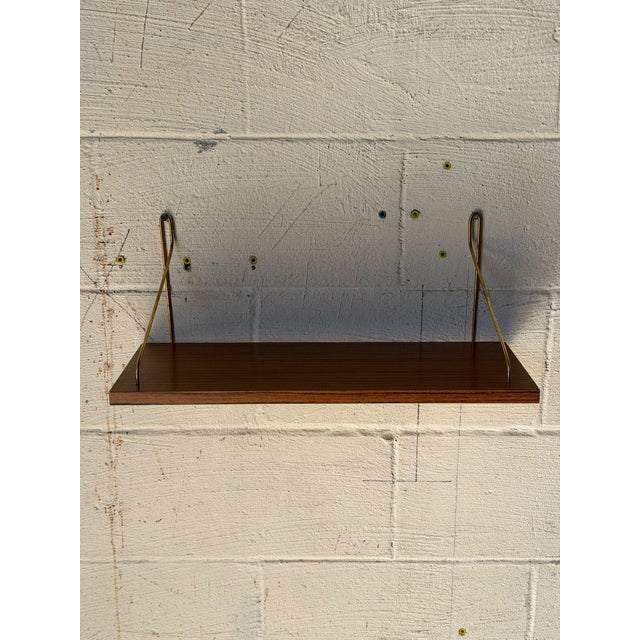 Vintage Teak Floating Wall Shelf With Brass-Tone Metal Brackets – Mid-Century Modern Scandinavian Wall-Mounted Shelf For Sale - Image 10 of 10