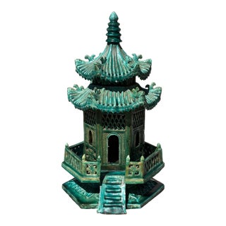 Vintage Large Scale Palm Beach Style Green Glazed Pagoda Centerpiece For Sale