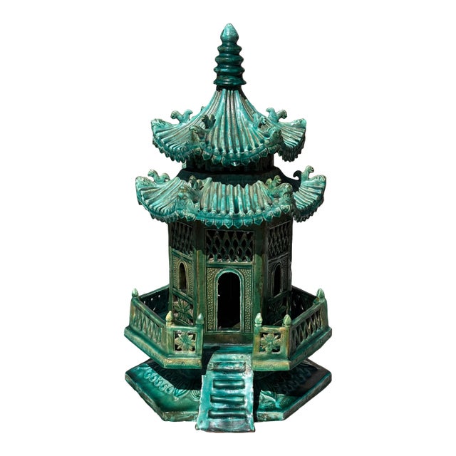 Vintage Large Scale Palm Beach Style Green Glazed Pagoda Centerpiece For Sale