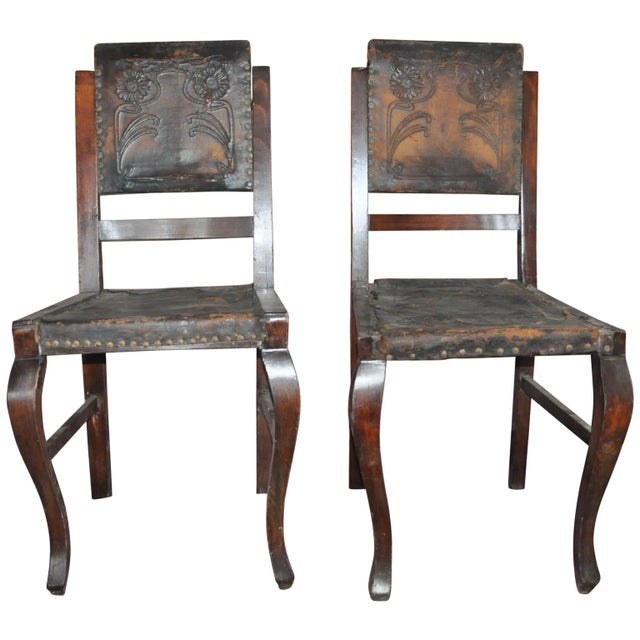 Set of Antique Embossed Leather Dining Chairs, 1900s For Sale - Image 11 of 11