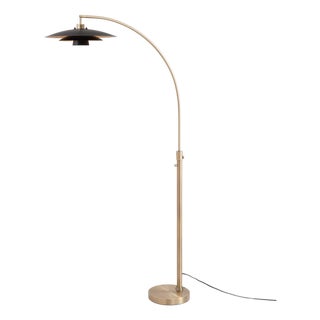 Nova of California Float Chairside Arc Floor Lamp - Weathered Brass Steel Base, Fleur Matte Black/Gold Tiered Shade, Dimmable Sculptural Cantilever For Sale