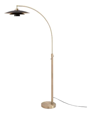 Nova of California Float Chairside Arc Floor Lamp - Weathered Brass Steel Base, Fleur Matte Black/Gold Tiered Shade, Dimmable Sculptural Cantilever