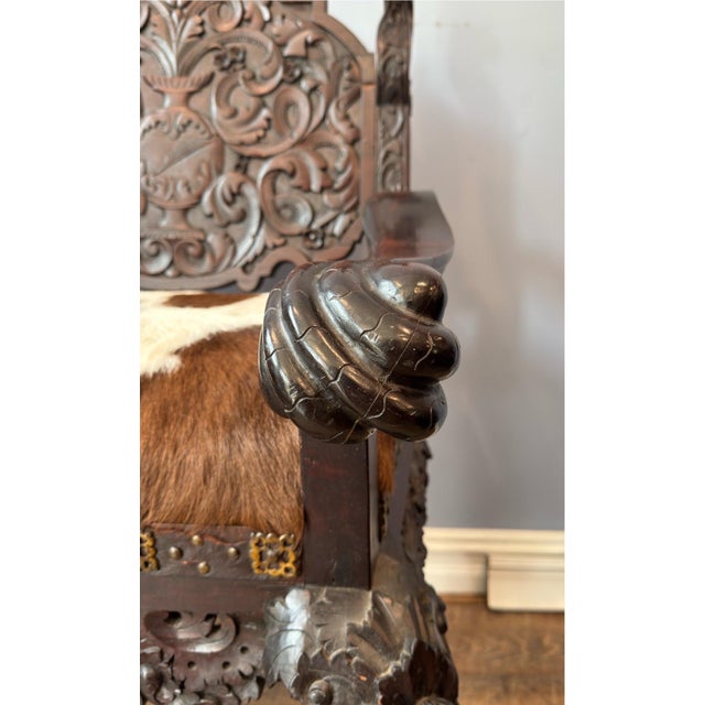 Antique Renaissance Revival Carved Walnut Throne Chair, Cowhide Seat For Sale - Image 11 of 17