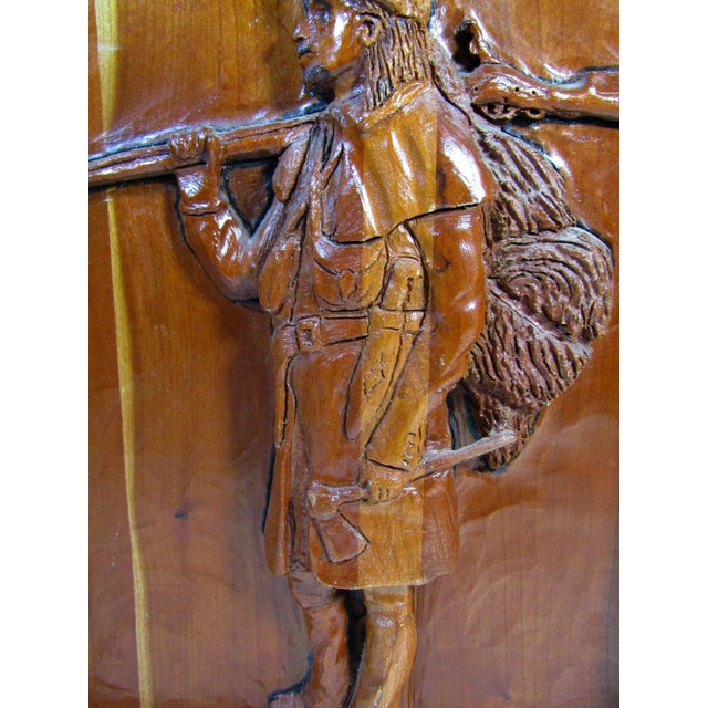 1990s Vintage Hand-Carved Wooden Relief – Frontiersman With Rifle – Signed "Fred 1998" For Sale - Image 5 of 10