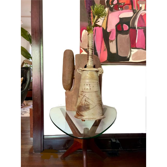Beige Signed 1970s Mid Century Brutalist Abstract Ceramic Bottle Neck Vase / X-Large Sculptural Modernist Art Studio Pottery Vessel For Sale - Image 8 of 13