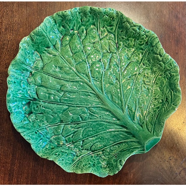 Early 20th Century Antique Portuguese Majolica Pottery Green Cabbage or Lettuce Leaf Serving Dish For Sale - Image 5 of 11