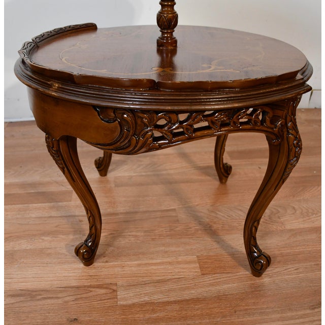 1920 Antique French Louis XV Walnut Inlaid 2 Tier Side End Table / Serving Table For Sale - Image 10 of 12