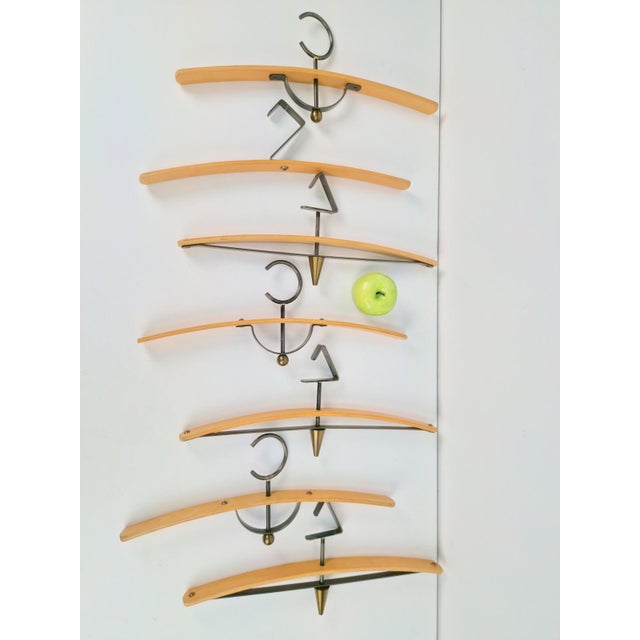 Wood Postmodern Coat Hangers in Brass and Bentwood, 1980, Set of 7 For Sale - Image 7 of 11