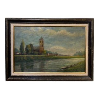 Antique English Oil on Canvas Distant Village For Sale