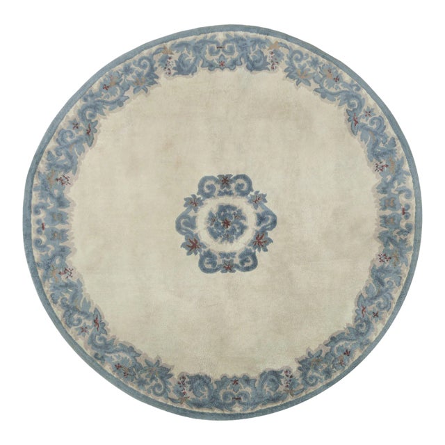 Vintage Leleu French Art Deco Circle Rug in White and Blue | Rug & Kilim For Sale