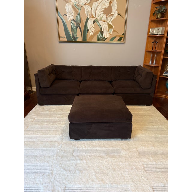 Vintage 1970s Modular Brown Velvet “Playpen” Sofa and Ottoman After Milo Baughman Beautiful and freshly reupholstered in a...