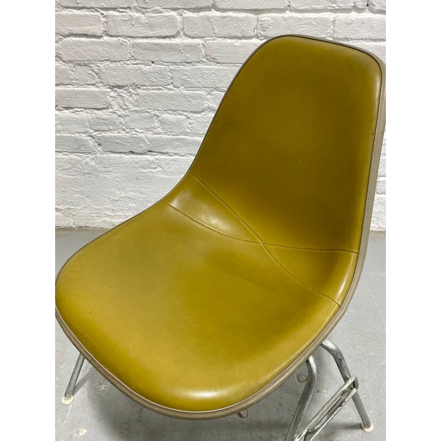 Vintage Herman Miller Eames Olive Green Upholstered Fiberglass Shell Chair – Stacking Wire Base, C. 1950's For Sale - Image 9 of 10