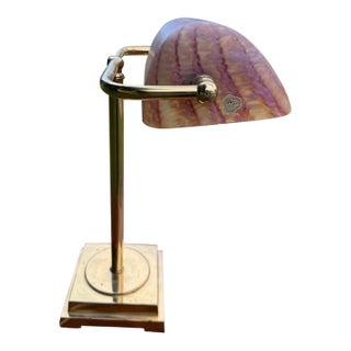CVV Vianne Vintage French Banker's Lamp With Pink Art Glass Shade For Sale