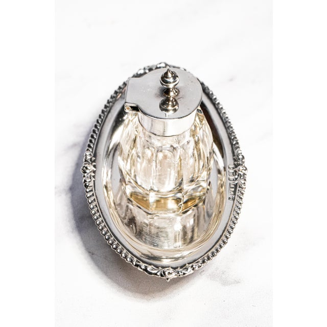 Lovely Edwardian English Antique Sterling Silver Crystal Inkwell Pen Tray Desk Office Home Decor For Sale - Image 10 of 18