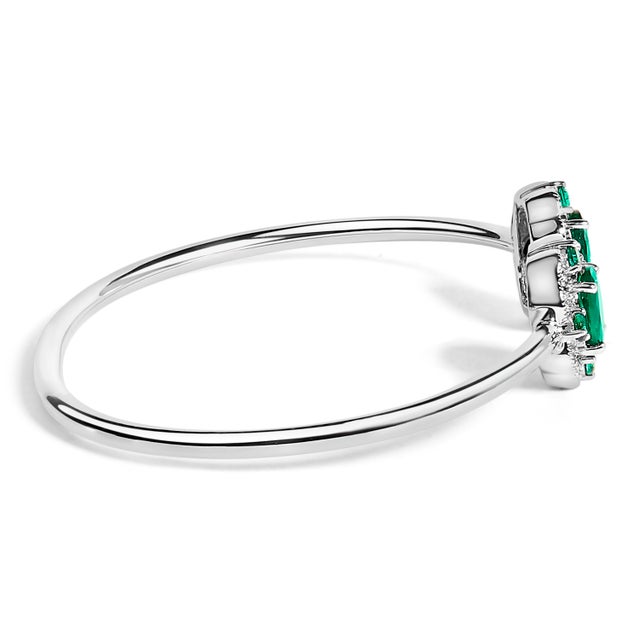 Contemporary Sterling Silver White Topaz and Green Emerald Floral Bangle Bracelet For Sale - Image 3 of 4