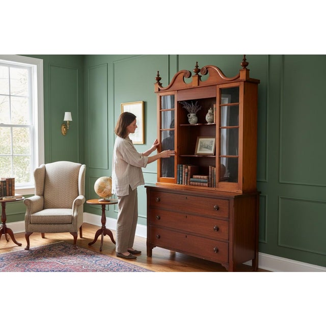 Farmhouse Antique Jacobean Revival Hutch Top Cabinet-Mahogany-1920s Glass Display-Cottage For Sale - Image 3 of 12