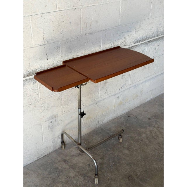 1960s Teak Rolling Side Table With Adjustable Height Chrome Base Vintage Mid-Century Modern 1960s For Sale - Image 5 of 11